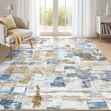 Abstract Living Room Rug 5x7 - Modern Washable Soft Thin Area Rug for Living Room Bedroom Under Dining Table - Neutral Indoor Floor Rug Carpets for Home Office Playroom Nursery - Blue Gold