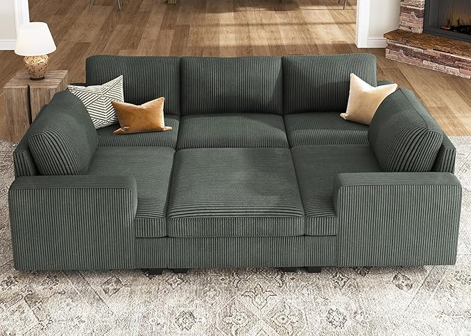 Modular Sectional Couch with Storage Ottoman, Corduroy Sleeper Sectional Sofa with Chaise, Sectional Couches for Living Room, Beige