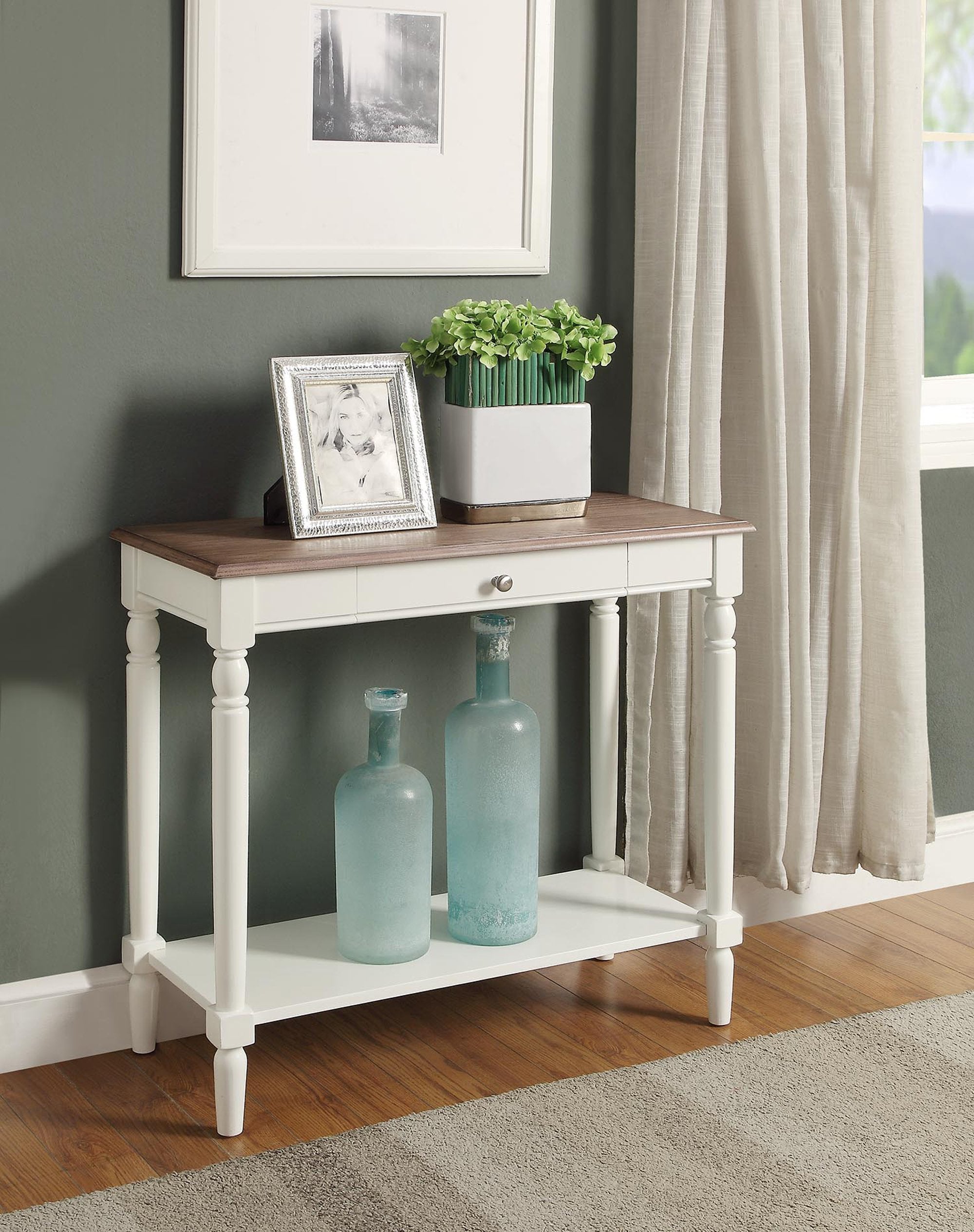 French Country 1 Drawer Hall Table with Shelf, Driftwood/White
