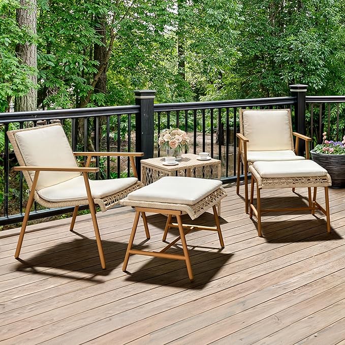 3 Pieces Conversation Bistro Set with Ottoman, All-Weather Patio Bistro Set with Footrest