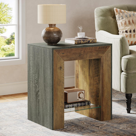 End Table for Living Room, 2-Tier Sofa Side Table with Glass Storage Shelf