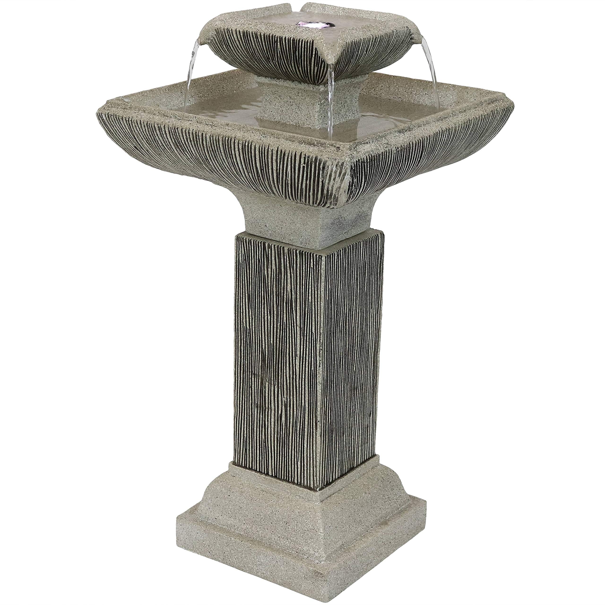 25-Inch Square 2-Tier Outdoor Bird Bath Water Fountain - LED Lights - Electric Submersible