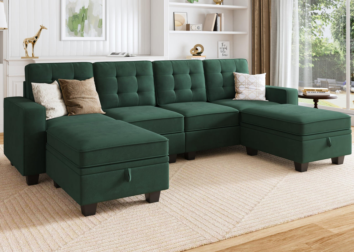 Velvet Sectional Couch with Storage U Shaped Couch with Chaises for Living Room,