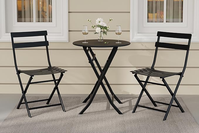 3-Piece Patio Bistro Sets, Outdoor Space-Saving Folding Bistro Table and Chairs, Patio Furniture Set with Strong Round Tube Metal Frame, Weather Resistant Conversation Set for Yard Garden, Green