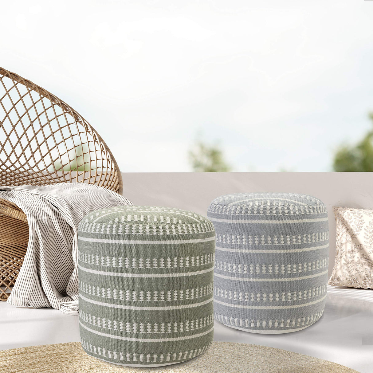 Dash and Stripe Geometric Indoor Outdoor Pouf, Green/White, 20" x 20" x 20"