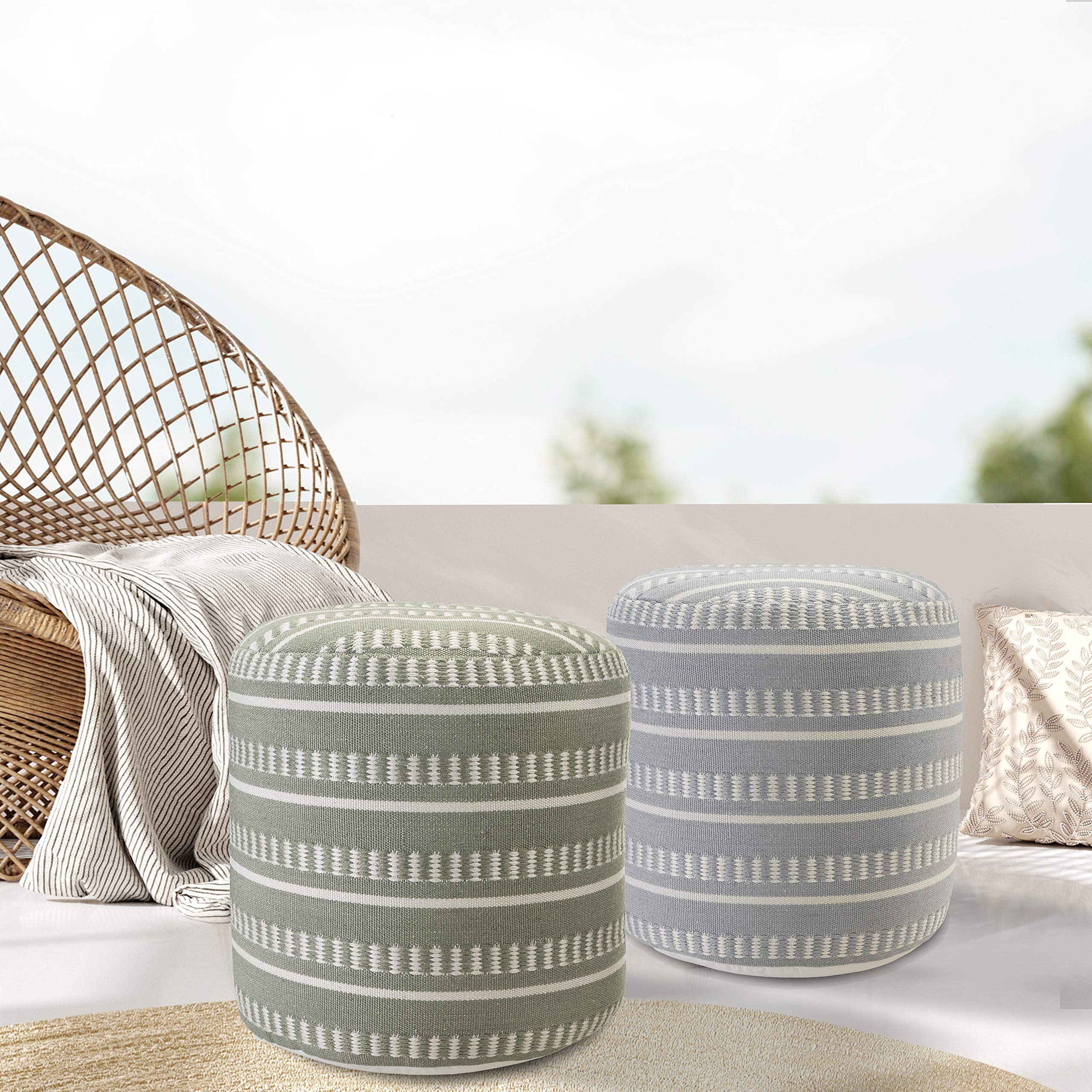 Dash and Stripe Geometric Indoor Outdoor Pouf, Green/White, 20" x 20" x 20"