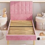 Twin Velvet Upholstered Platform Bed Frame with Headboard - Pink