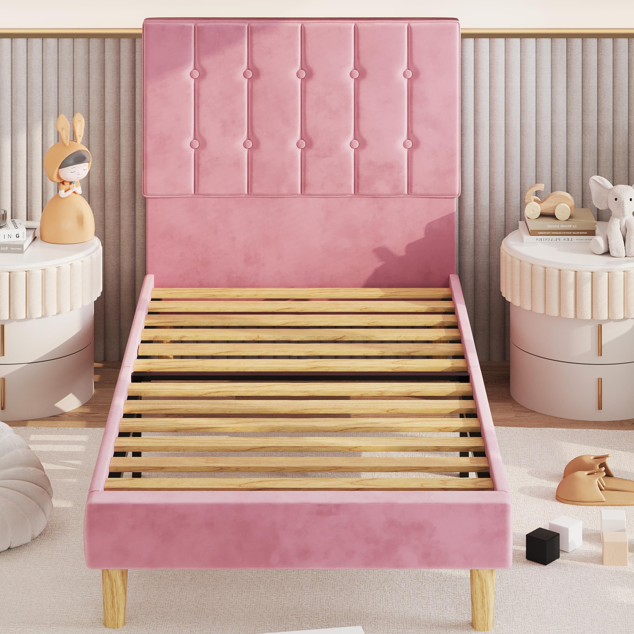 Twin Velvet Upholstered Platform Bed Frame with Headboard - Pink