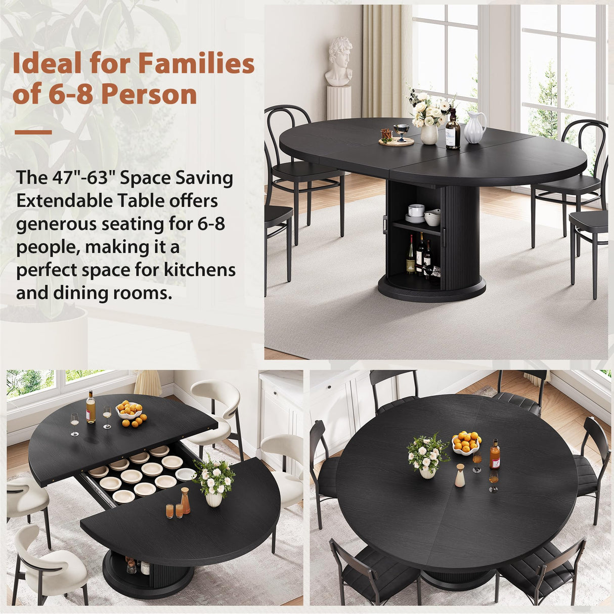 63" Extendable Round Dining Table for 4-6 with Storage Shelf