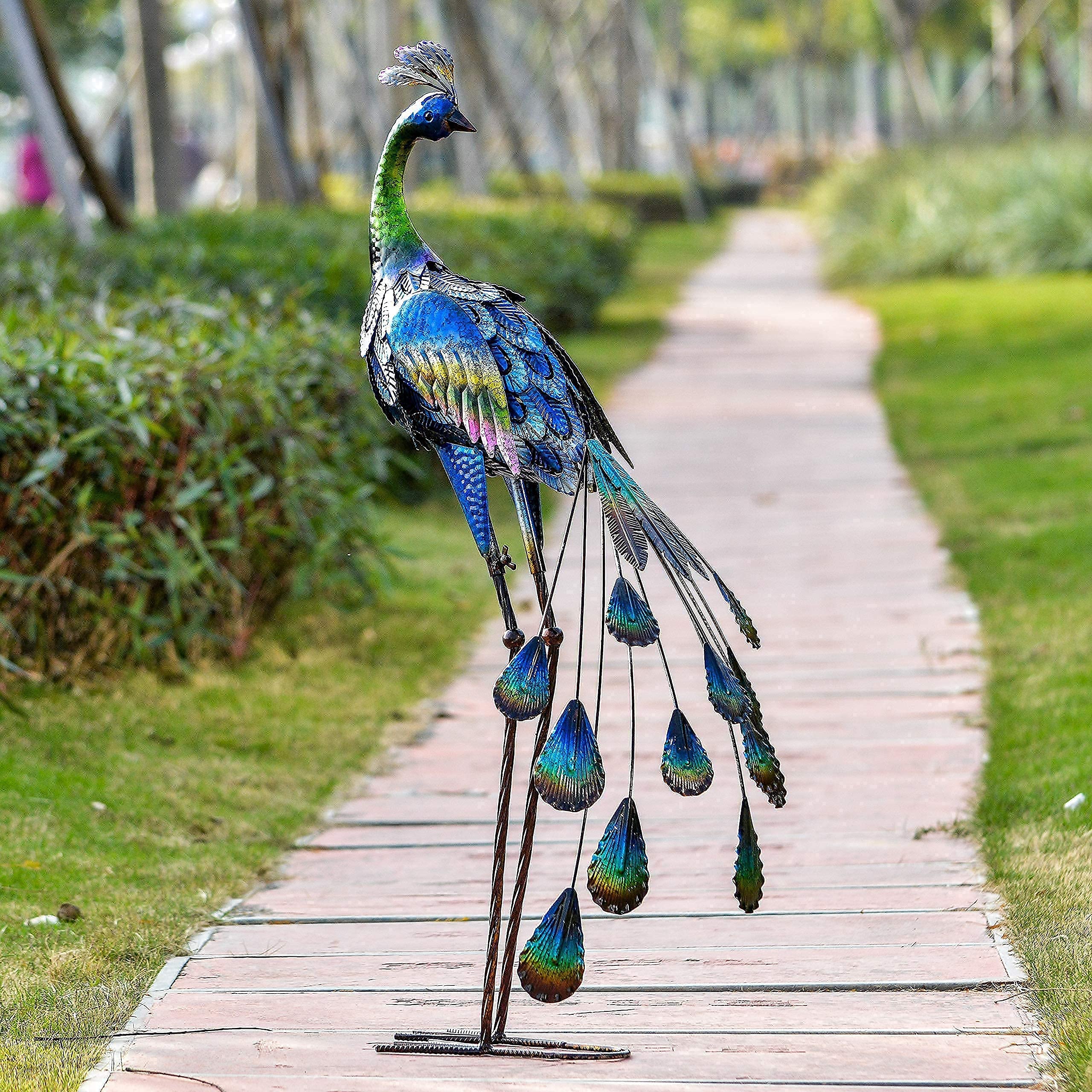 40.7 inch Metal Blue Heron Garden Statues +35 inch Peacock Sculpture for Garden Decor