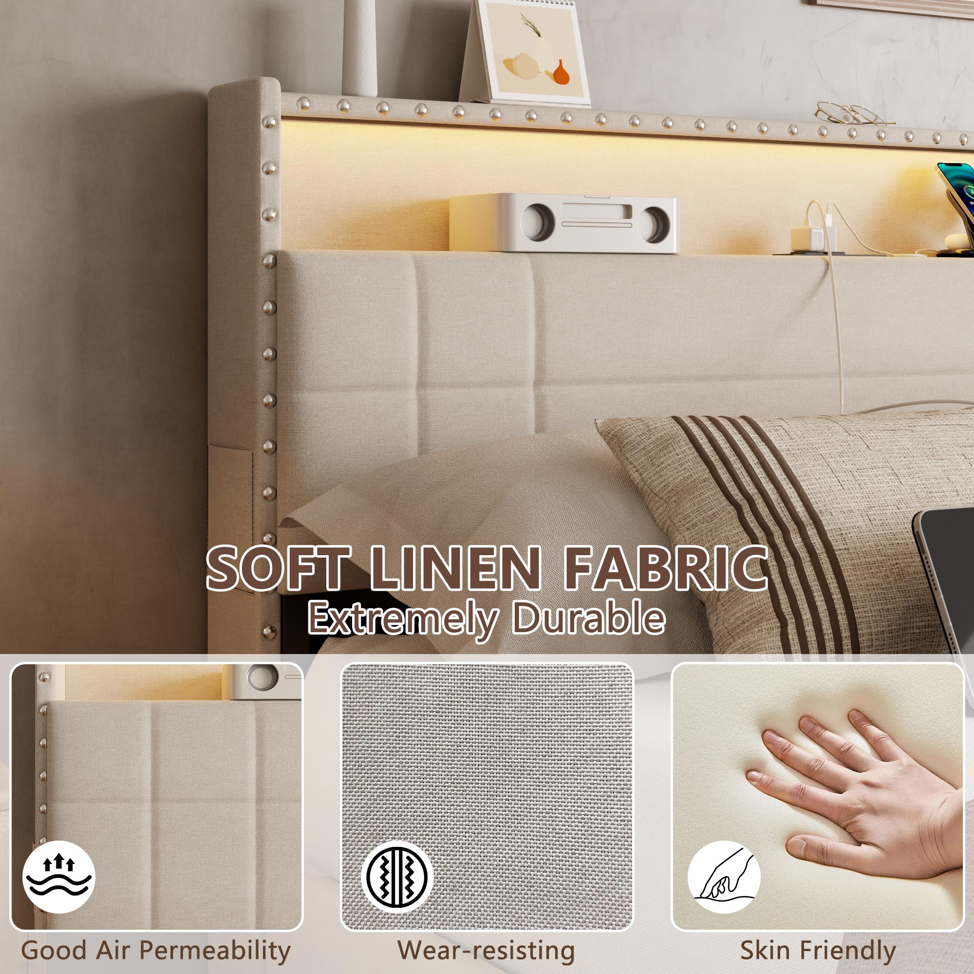 Queen Bed Frame with Storage Drawers, LED Lights & Charging Station