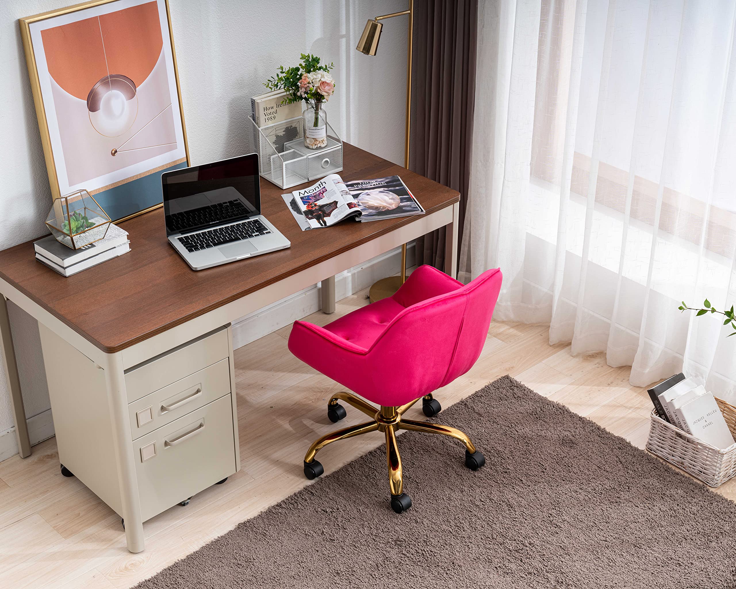 Comfy Home Office Task Chair with Wheels, Cute Modern Upholstered Velvet Back