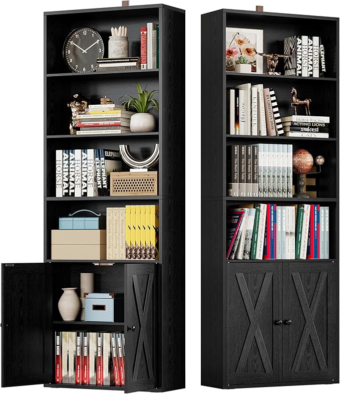 Industrial Bookshelves and Bookcases with Doors Set of 2 Floor Standing 6 Shelf Display