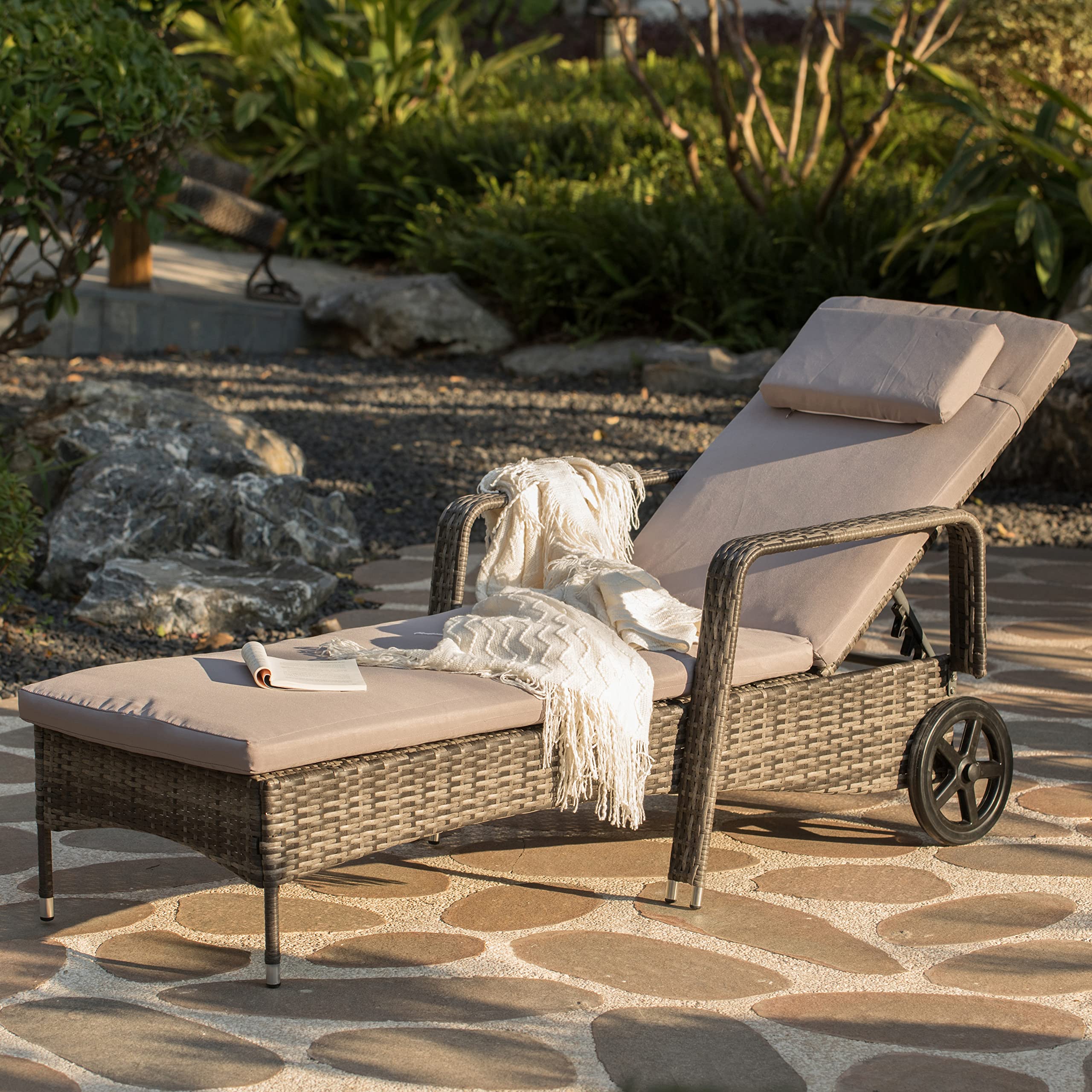 Gardenised Outdoor Weather Resistant Beach or Poolside Rattan Lounge Chair, Charcoal, Set of 2, Brown