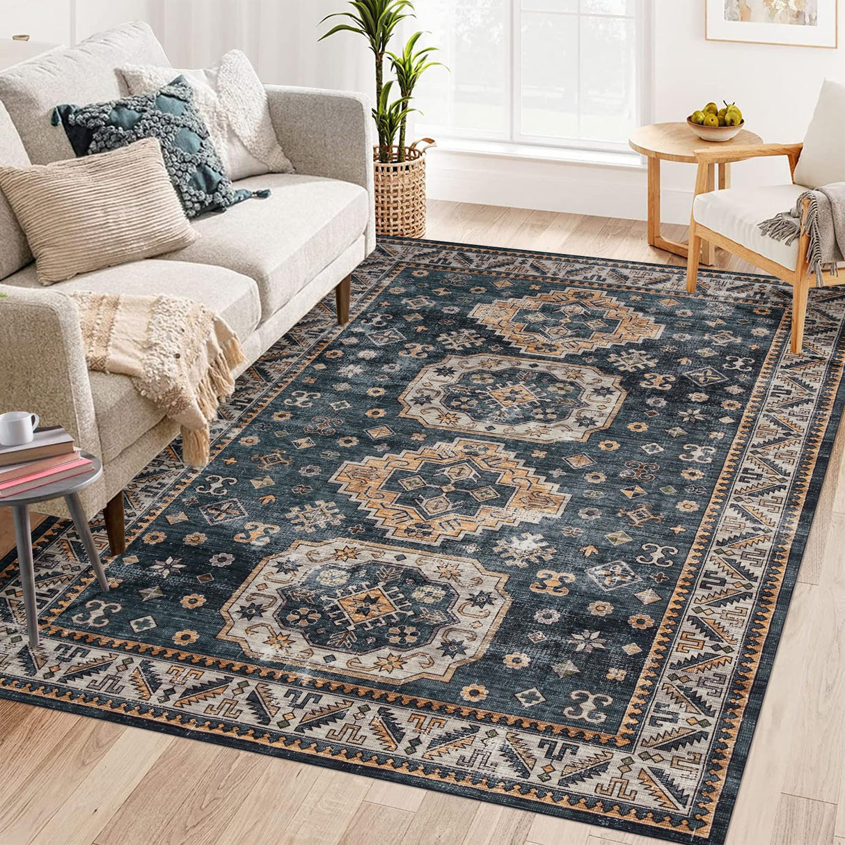 ROYHOME 8x10 Rug for Living Room Vintage Rug Indoor Distressed Carpet Boho Rug Oriental Area Rug Machine Washable Rug for Bedroom Kitchen Home Office, Blue 8' x 10'