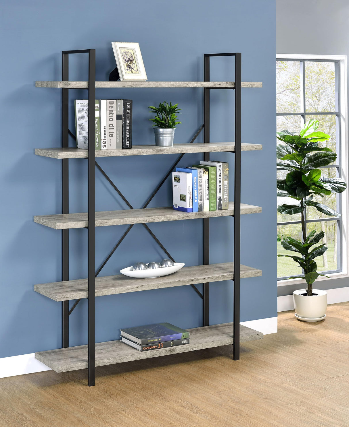 Cole 70-inch 5-Shelf Bookshelf Grey Driftwood and Gunmetal