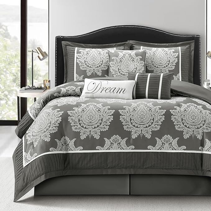 Sage California King Comforter Set 7 Pieces, Jacquard Woven with Damask, Bedding Set
