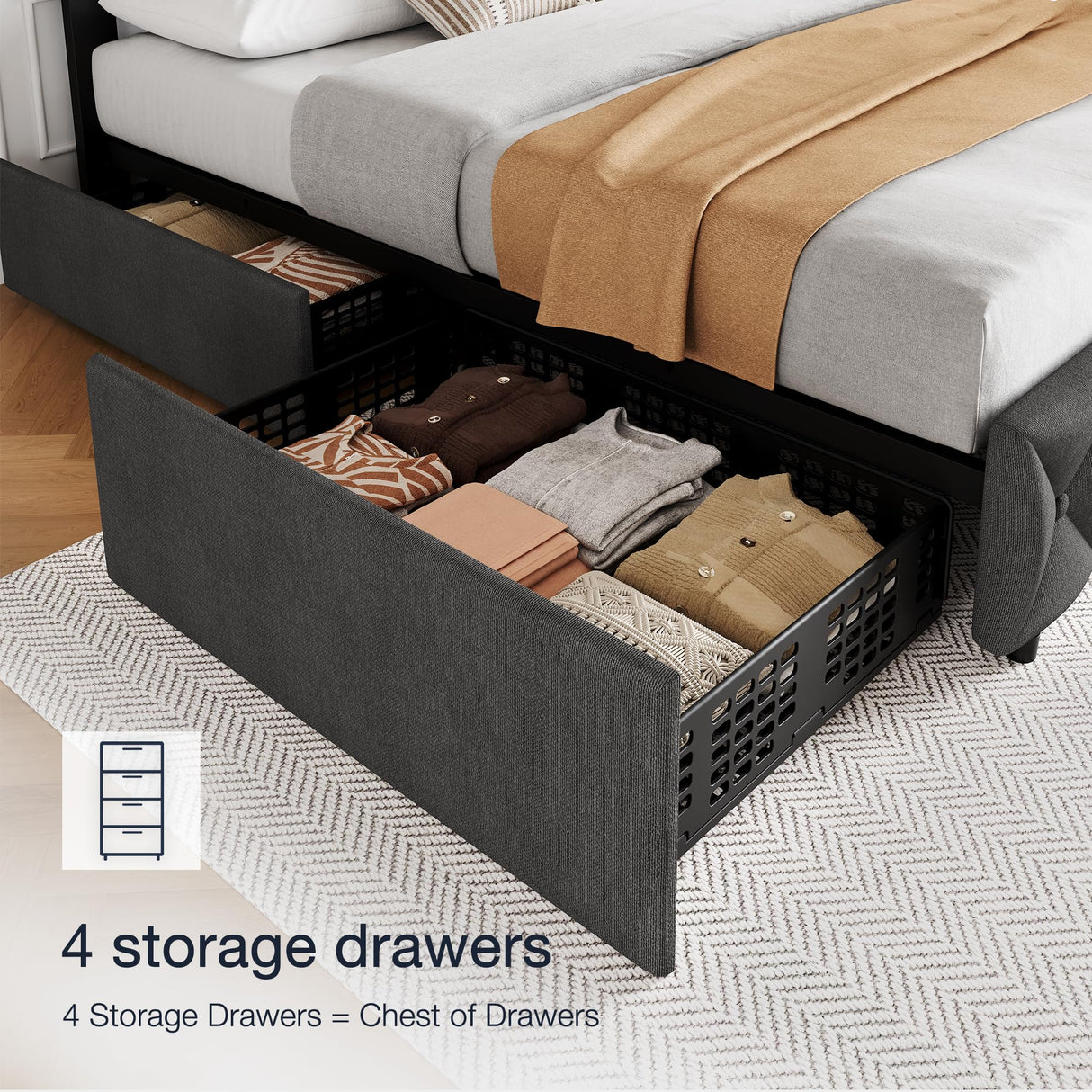 Full Size Bed Frame with 4 Storage Drawers and Headboard, Linen Upholstered Platform