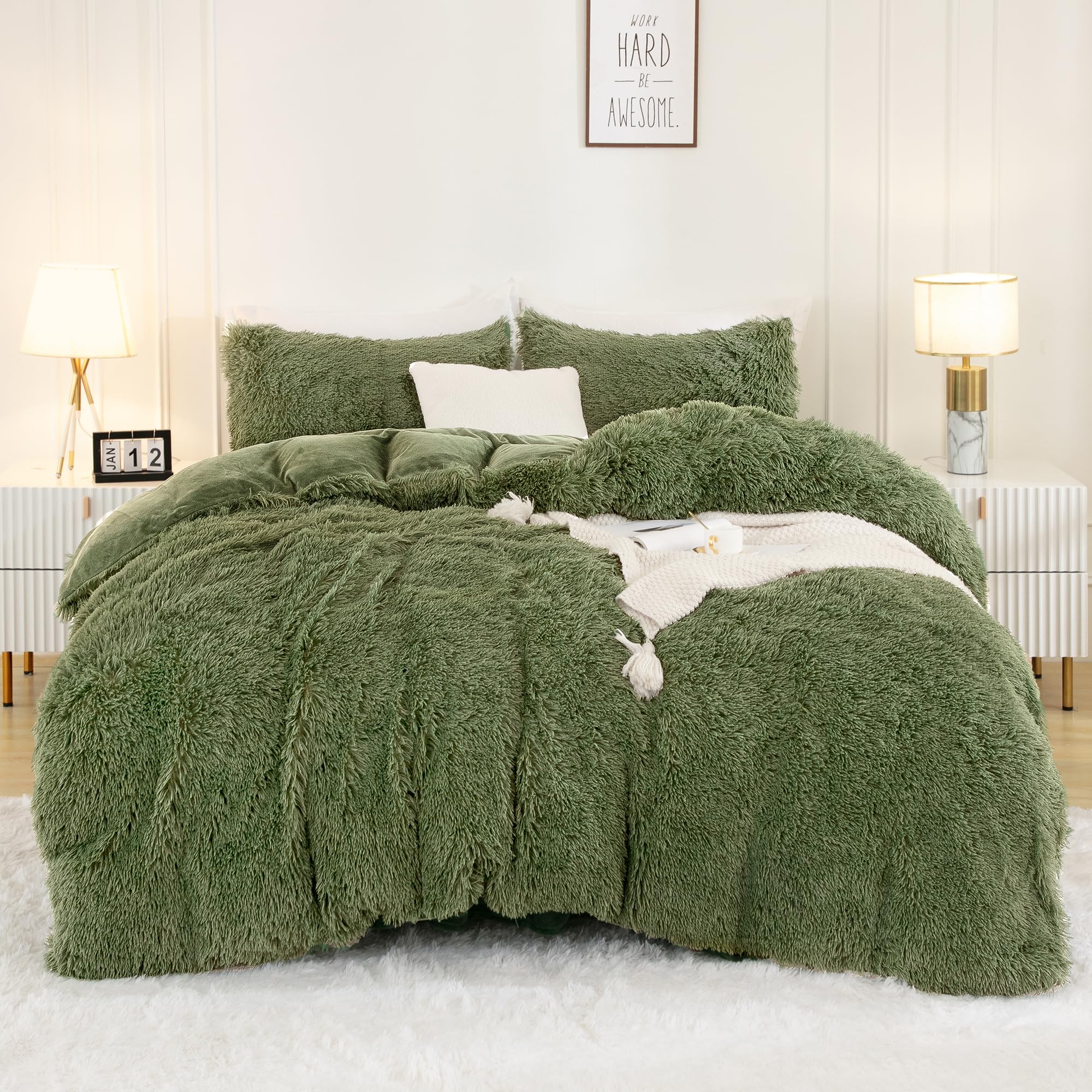 Faux Fur Sage Green Comforter Set King Size