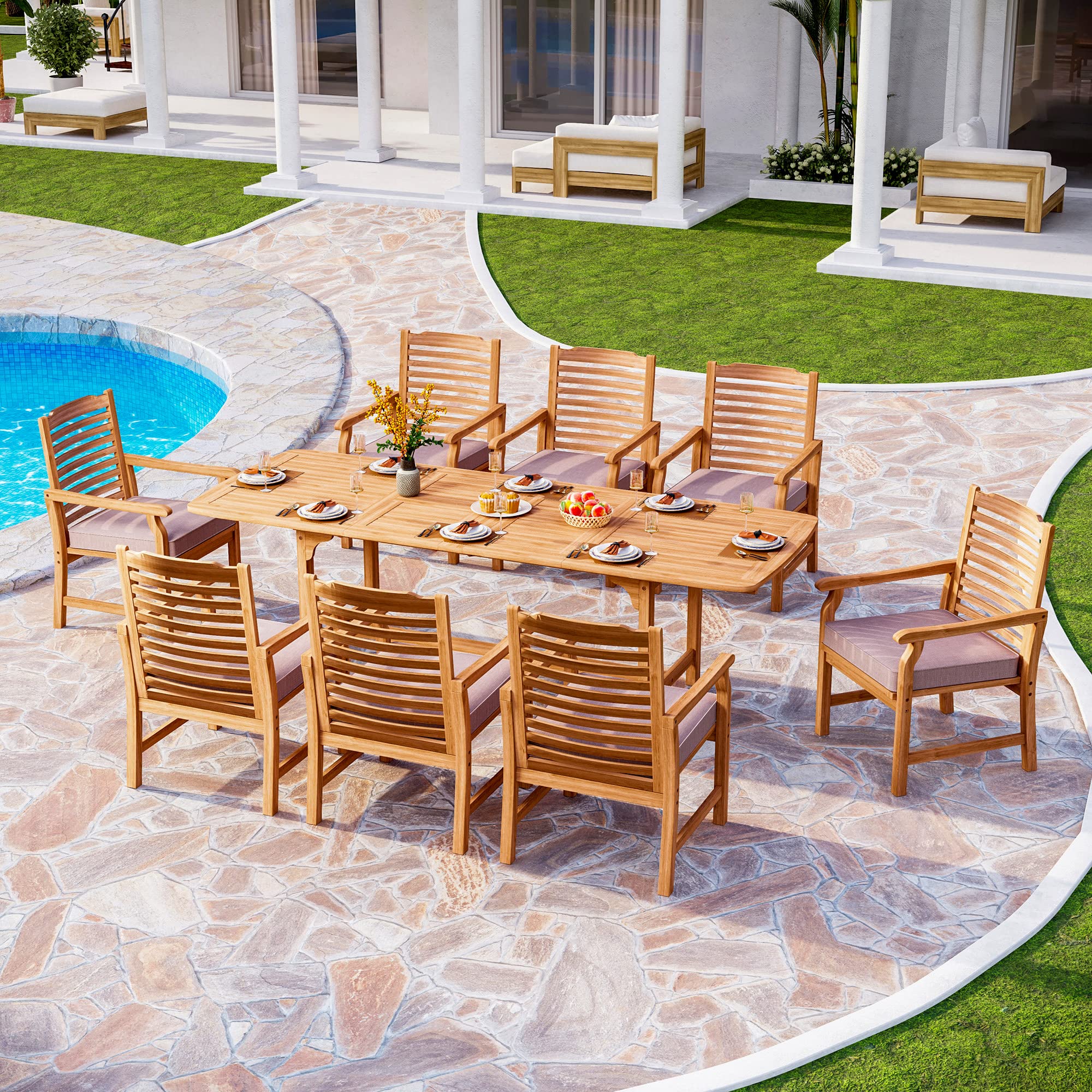 9 Pieces Acacia Wood Patio Dining Set for 8, Expandable Teak Dining Table