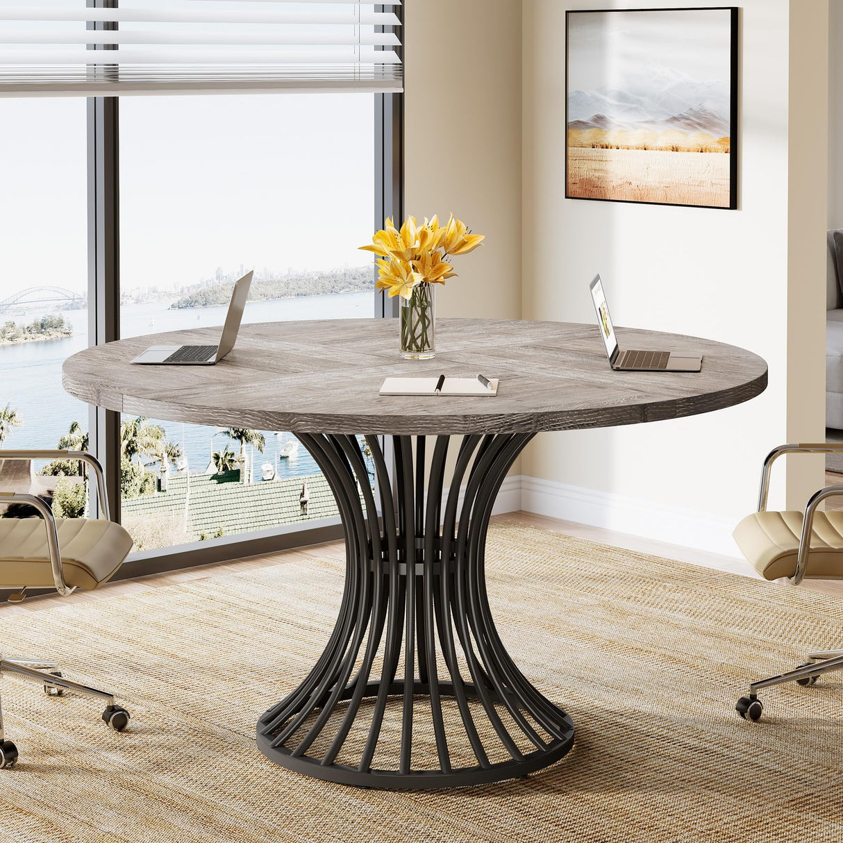 Round Conference Table for 4-6, 47-Inch Conference Room Table with Thickened Tabletop