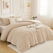 Beige Fleece Comforter Set King, 3 Pieces Fuzzy Fluffy Faux Fur Bed Comforter