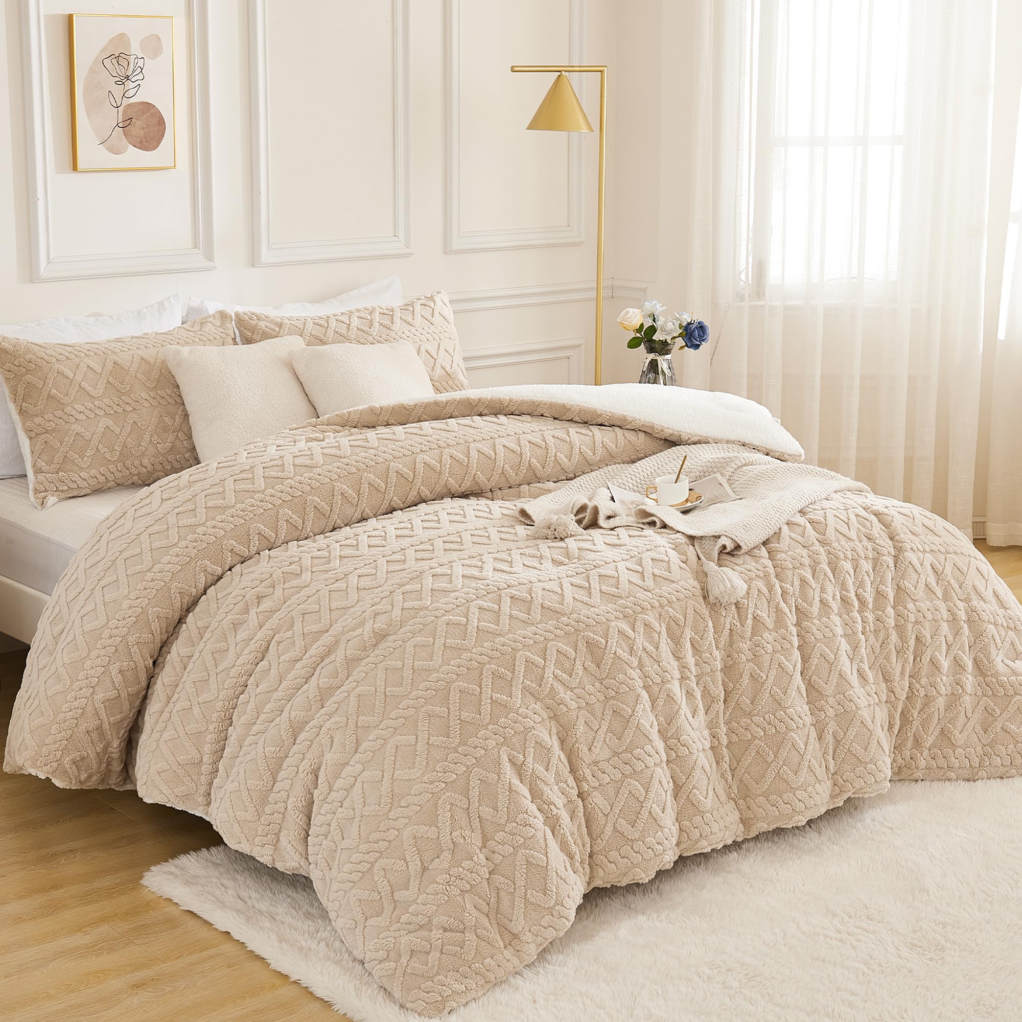 Beige Fleece Comforter Set King, 3 Pieces Fuzzy Fluffy Faux Fur Bed Comforter
