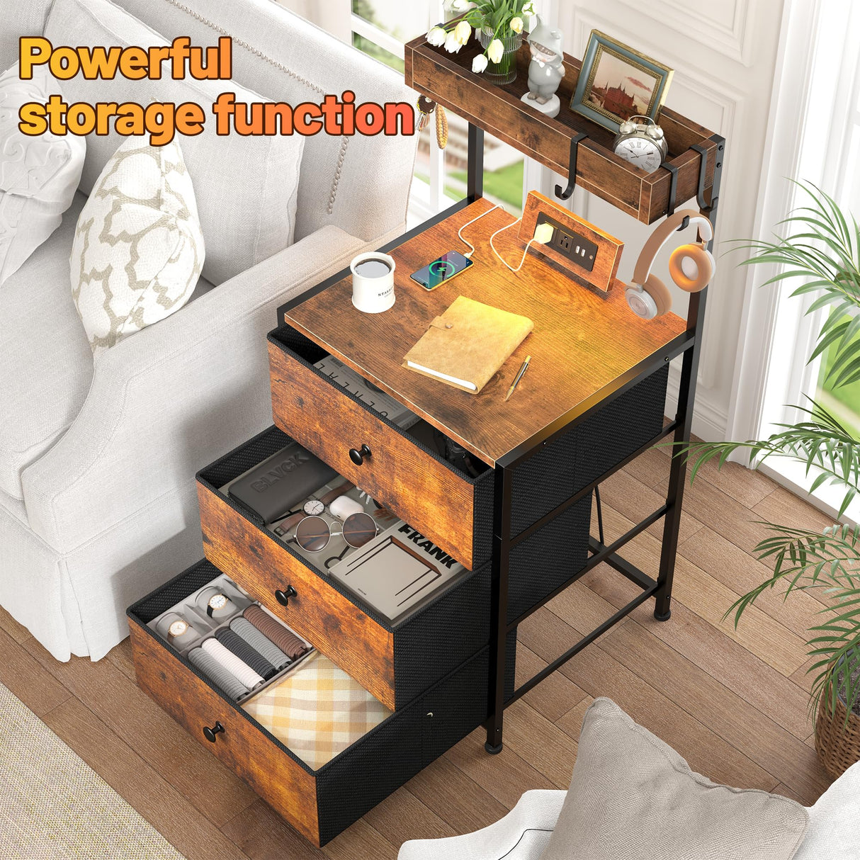 Tall Nightstand with Charging Station and Led Lights Nightstand