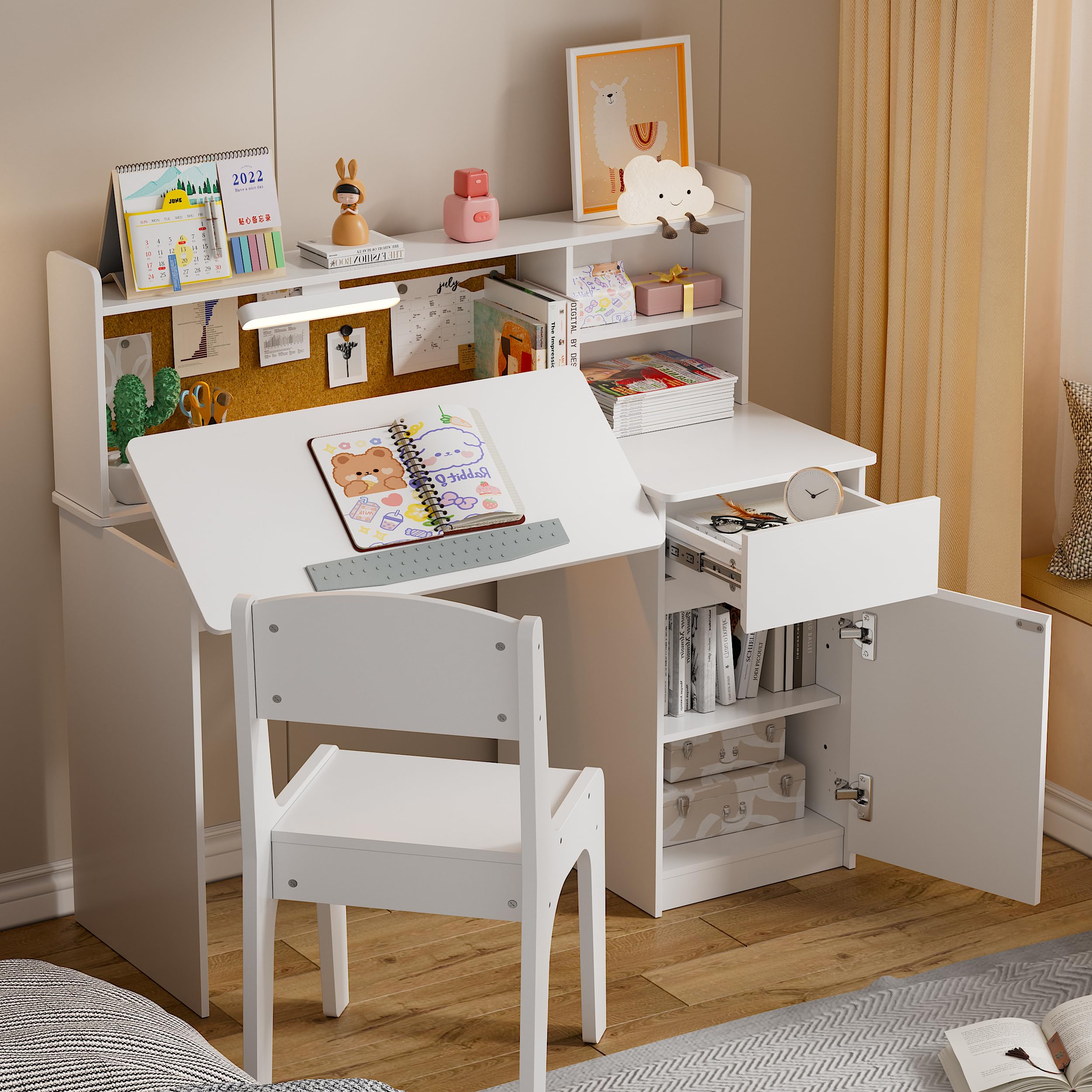 and Chair Set,Kids Study Desk with 3-Color Lights,Tiltable Desktop,Multi Functional Study Table for Kids 5-12,Student Writing Desk with Hutch and Storage Cabinet for Bedroom