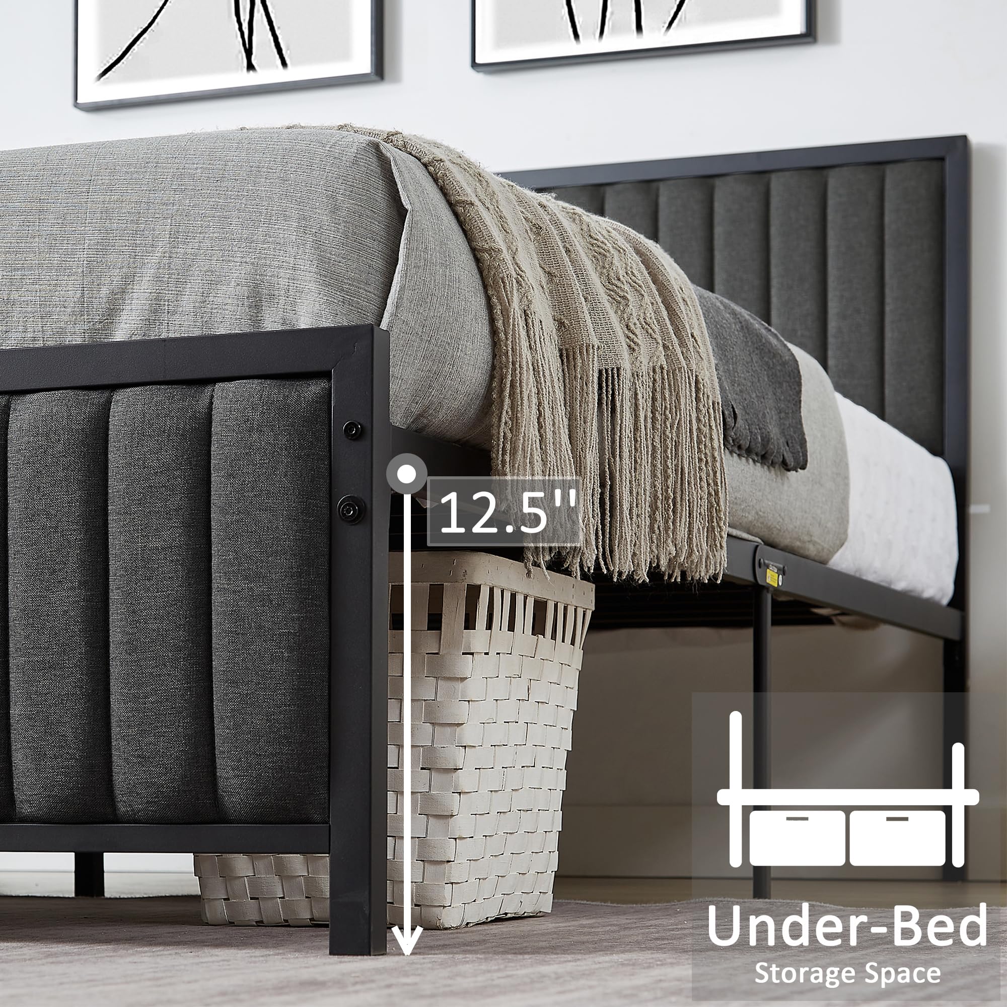 Full Size Bed Frame with Upholstered Tufted Headboard & Footboard,
