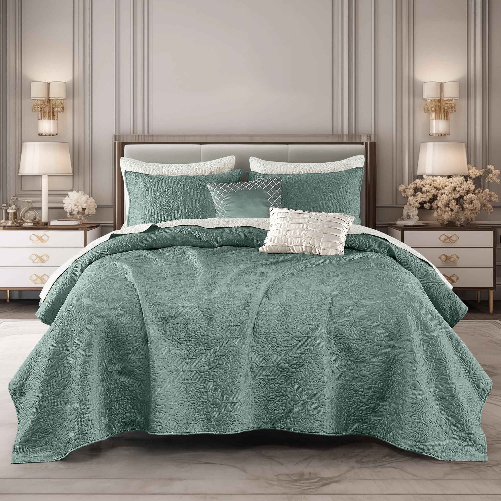 Silky Satin Quilt Set 5 Pcs King Cooling Comforter Lightweight Summer Bedding