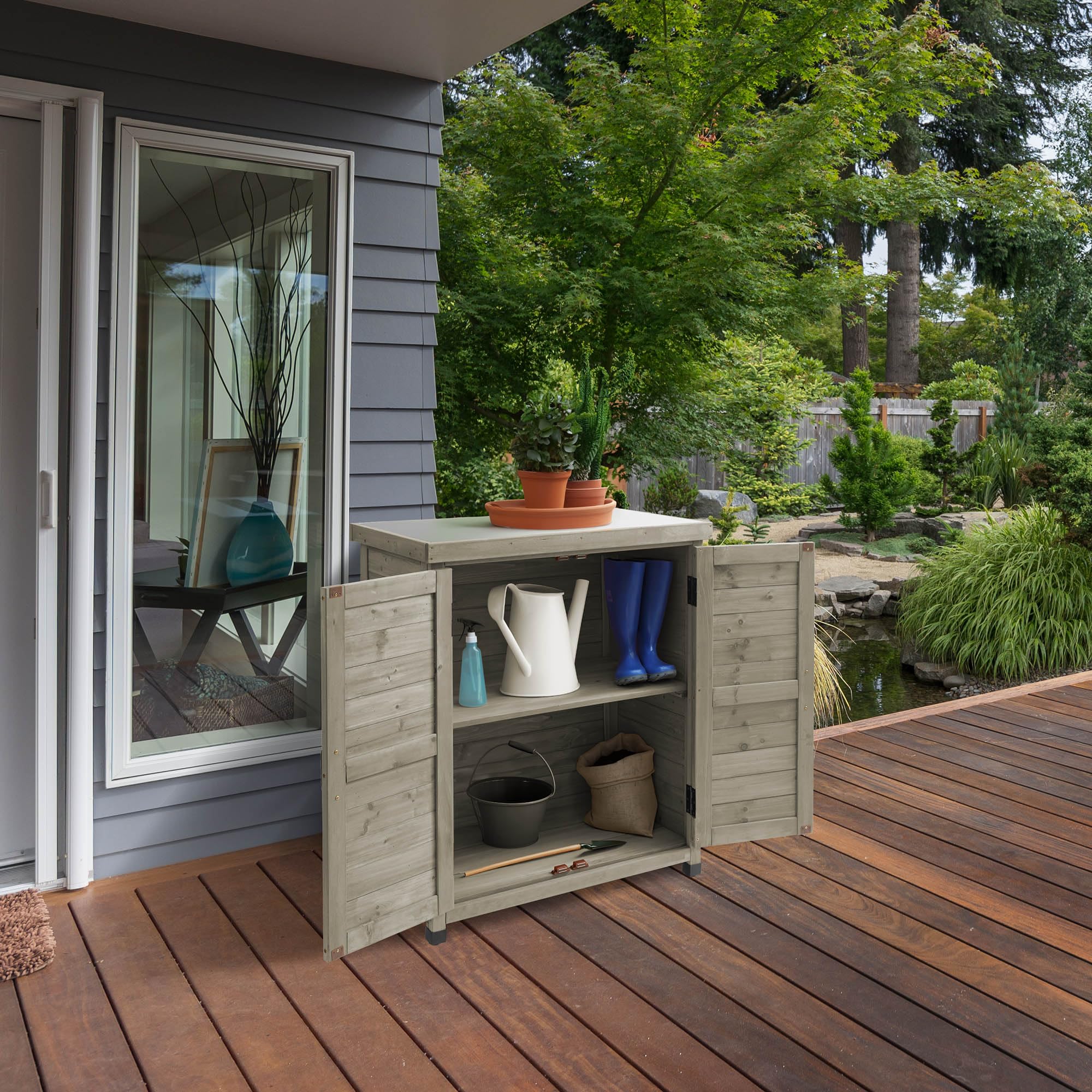Outdoor Garden Potting Bench with Metal Tabletop and Storage Cabinet