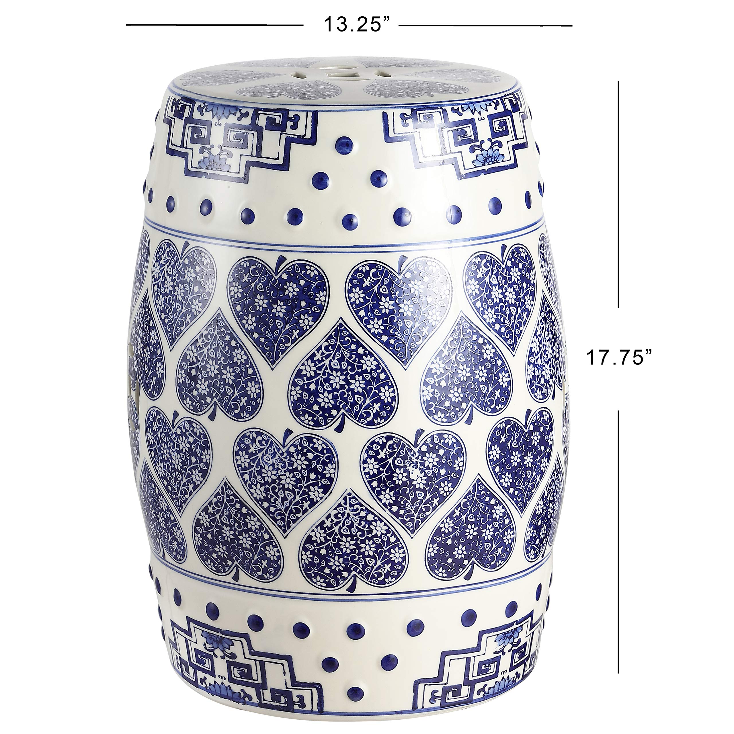 TBL1014A Happy Hearts 17.8" Chinoiserie Ceramic Drum Garden Stool, Bohemian, Coastal, Cottage, French Country, Traditional, Transitional, Side Table, Plant Stand, Spill-Proof, Blue/White