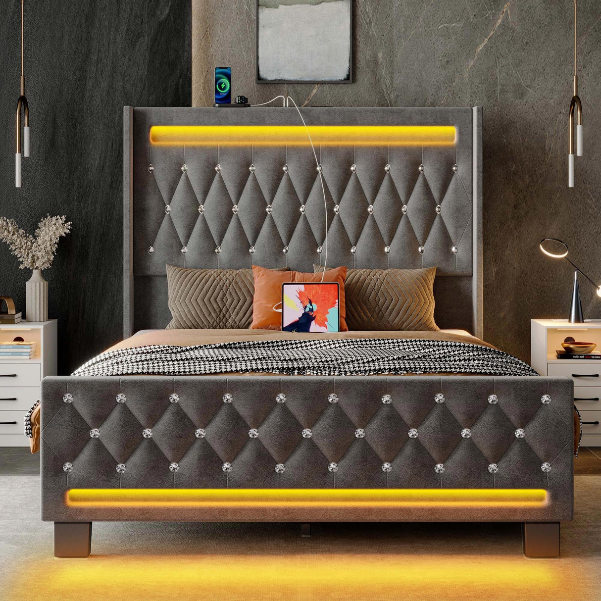 Rolanstar Full Bed Frame with LED Light and Charging Station, Upholstered High Headboard and Footboard, Wood Slats, Noise Free, Easy Assembly, Grey