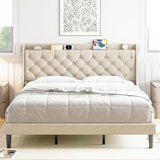 Queen Bed Frame with Charging Station and Wingback Headboard, Button Tufted