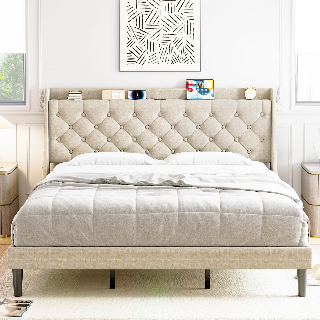 Queen Bed Frame with Charging Station and Wingback Headboard, Button Tufted