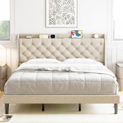 Queen Bed Frame with Charging Station and Wingback Headboard, Button Tufted