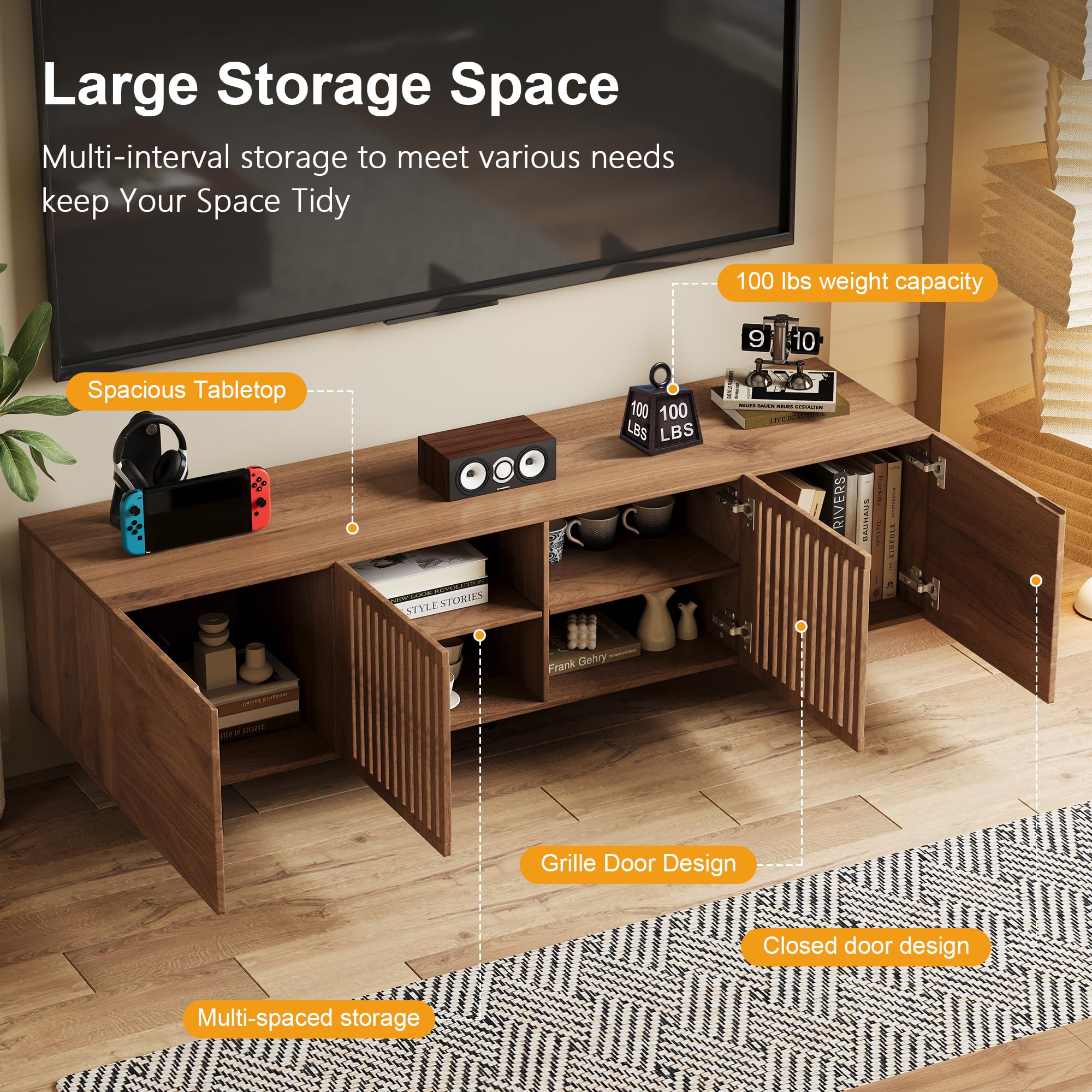 70.87" Mid-Century Modern Walnut TV Stand with Storage