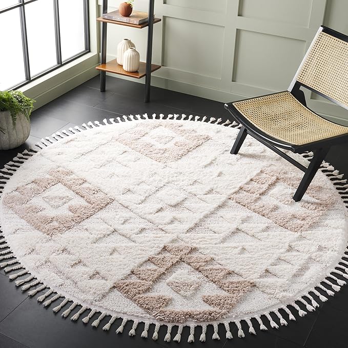 Moroccan Tassel Shag Collection Area Rug - 6'7" Square, Ivory & Brown