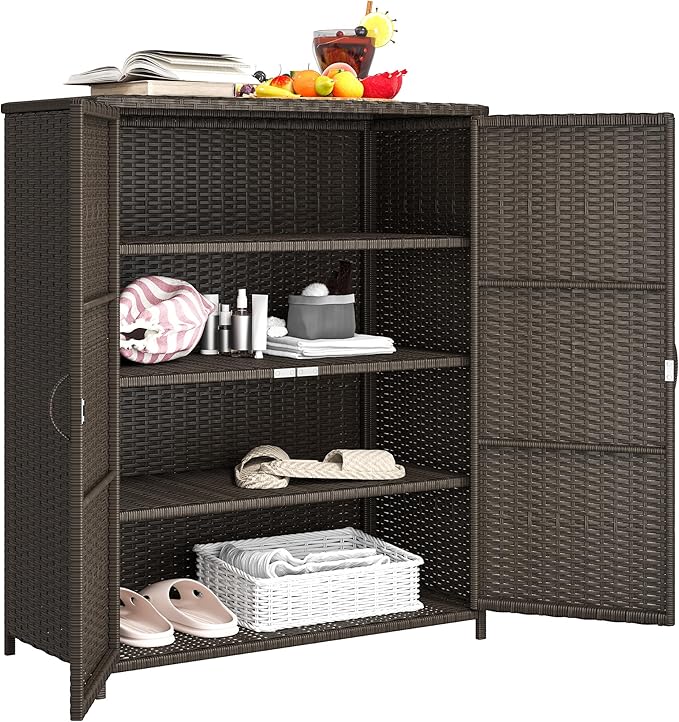Wicker Outdoor Storage Cabinet with Shelves, 4-Shelf Outdoor Pool Towel Storage