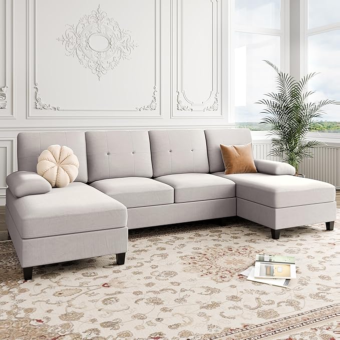 Sectional Sofa Couch, U-Shaped Sofa Couch with Double Chaise, 4-Seat Sleeper Sofa Couch with Sofa Cushion & Linen Fabric for Living Room, Creamy White