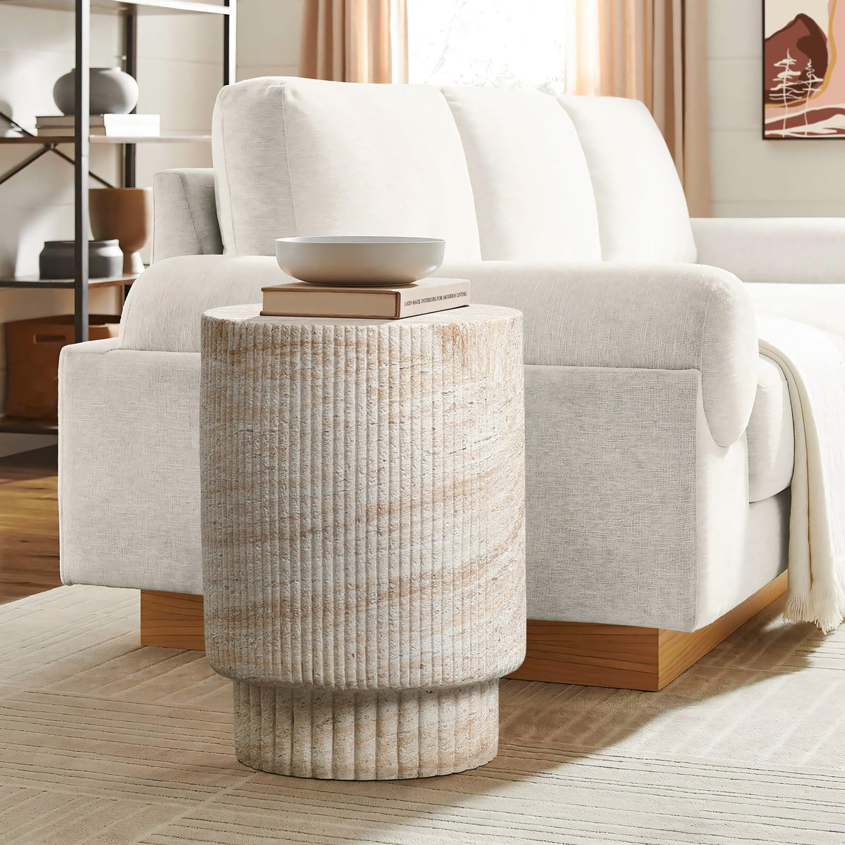 LuxenHome Outdoor Accent Side Table, 18'' Travertine - Style Outdoor Furniture, Round with Ribbed Cement End Table for Patio Backyard Balcony, Modern Coffee Furniture Gift - Bircata