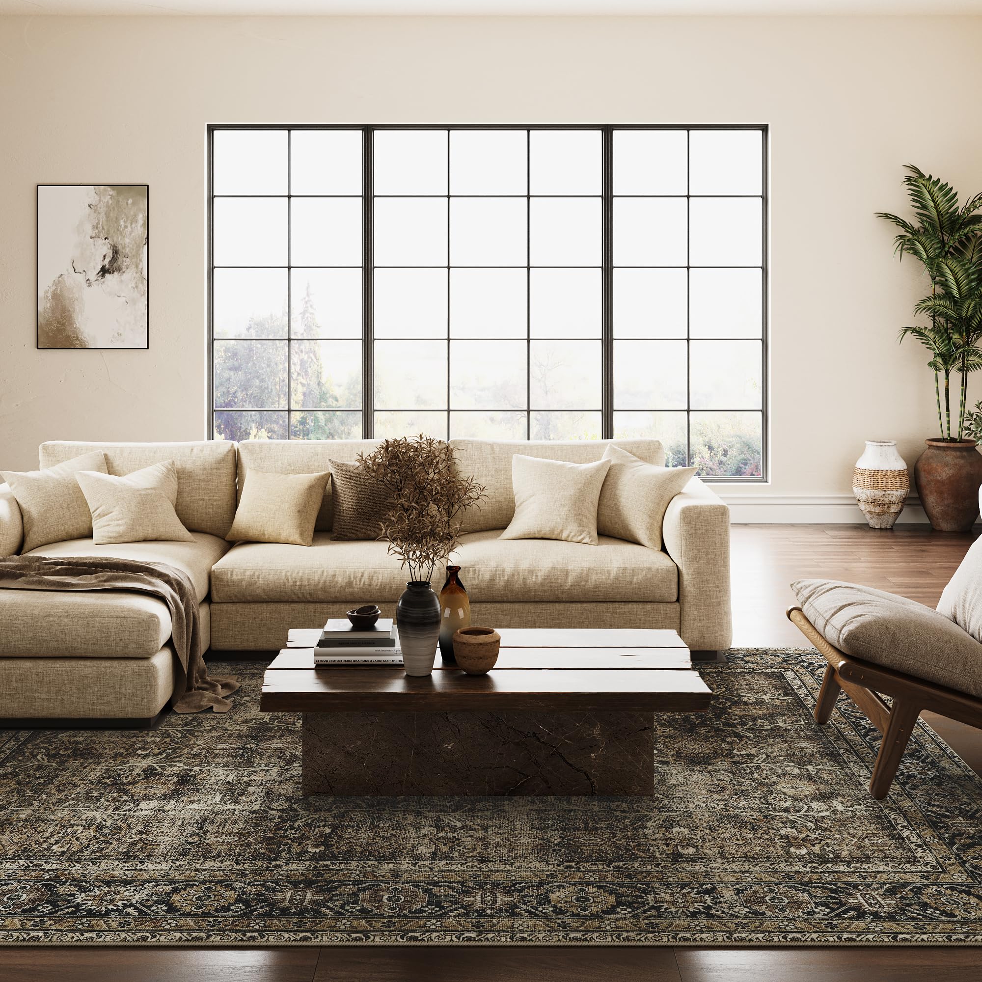 PureCozy Vintage Area Rug 4x6 Brown Bedroom Rug Indoor Kitchen Washable Living Room Carpet Tribal Distressed Rug Retro Accent Throw Rug for Office Dining Room Bathroom Faux Wool