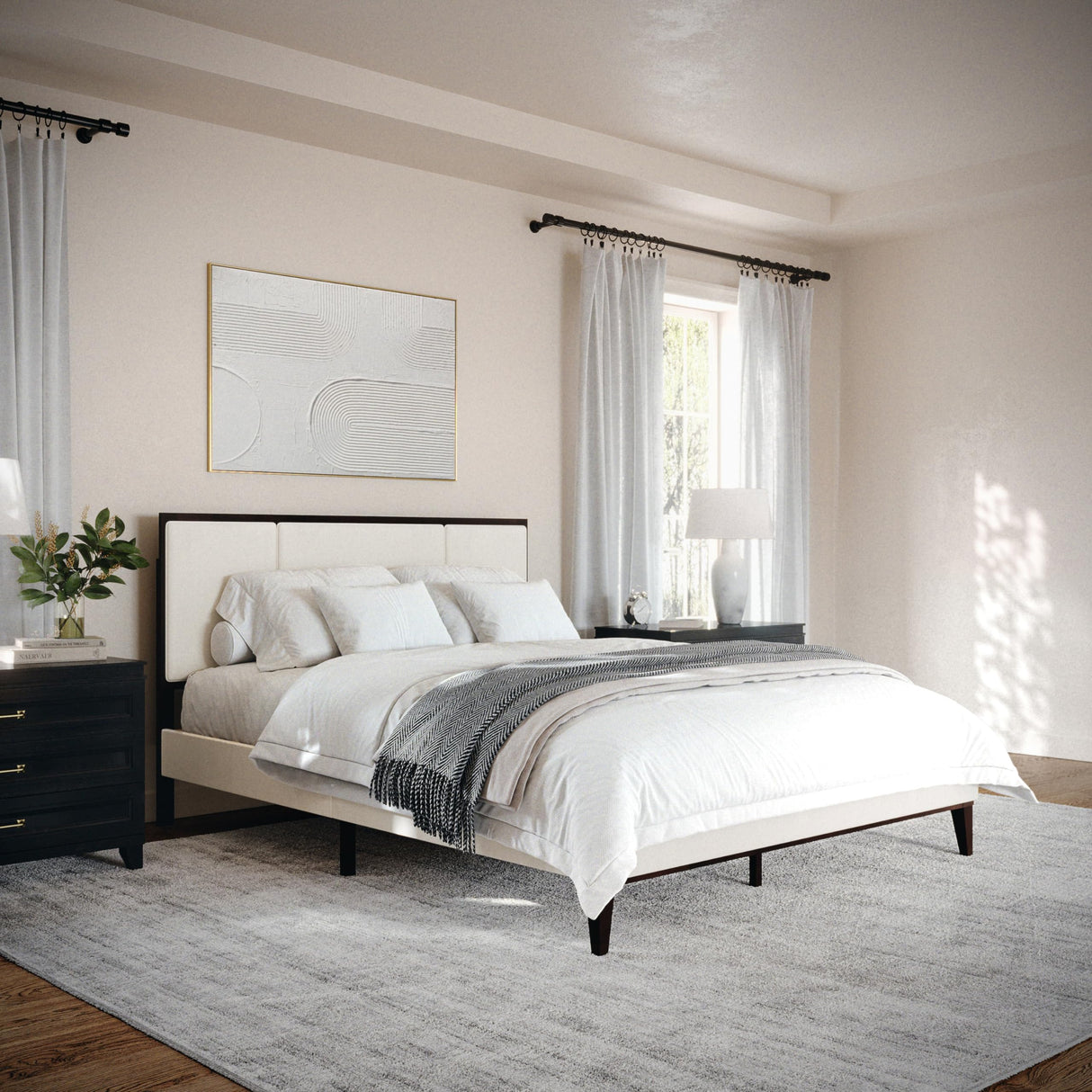 Jett Platform Bed with Headboard, Fabric Upholstered Inset Headboard and Base, Solid