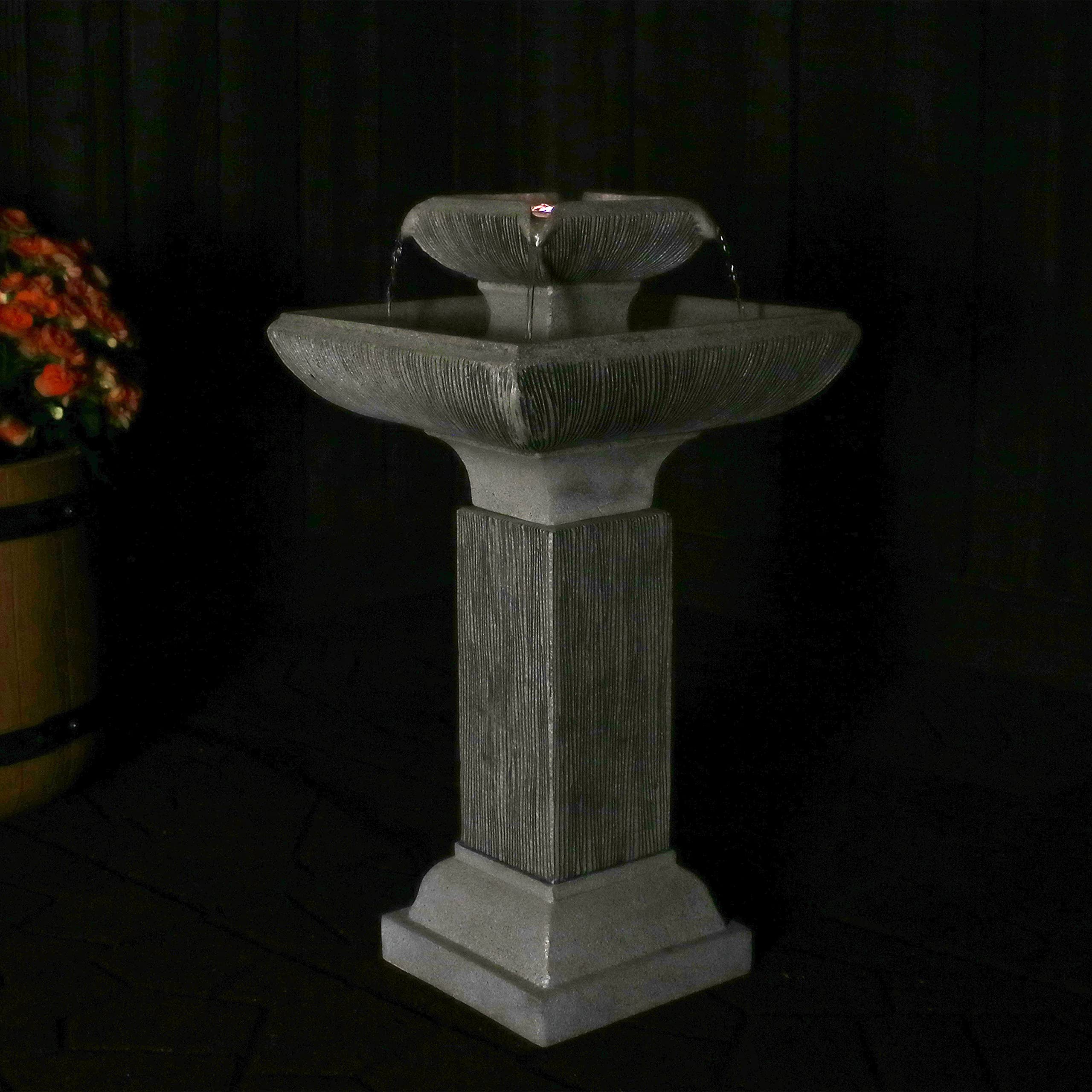 25-Inch Square 2-Tier Outdoor Bird Bath Water Fountain - LED Lights - Electric Submersible