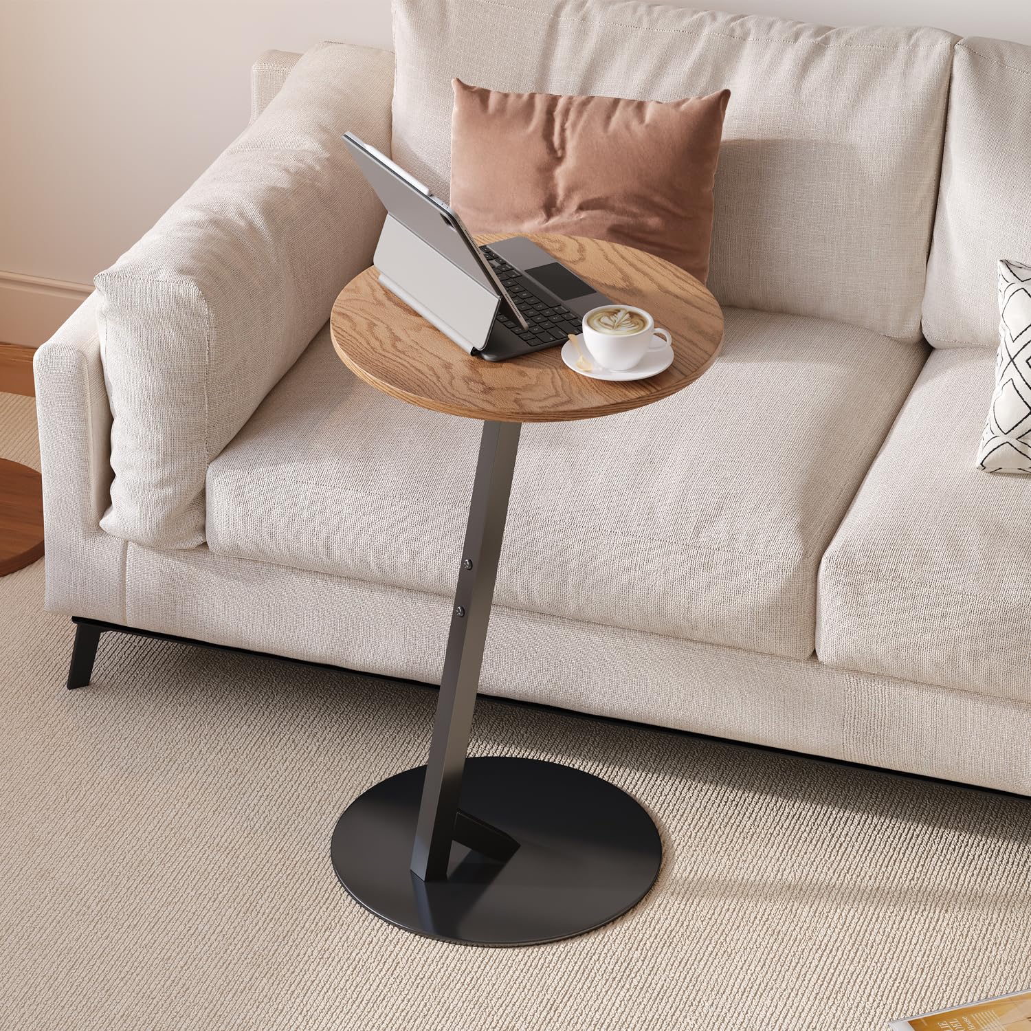 Round Side Table, Small C Shaped End Table, Wood Sofa Table