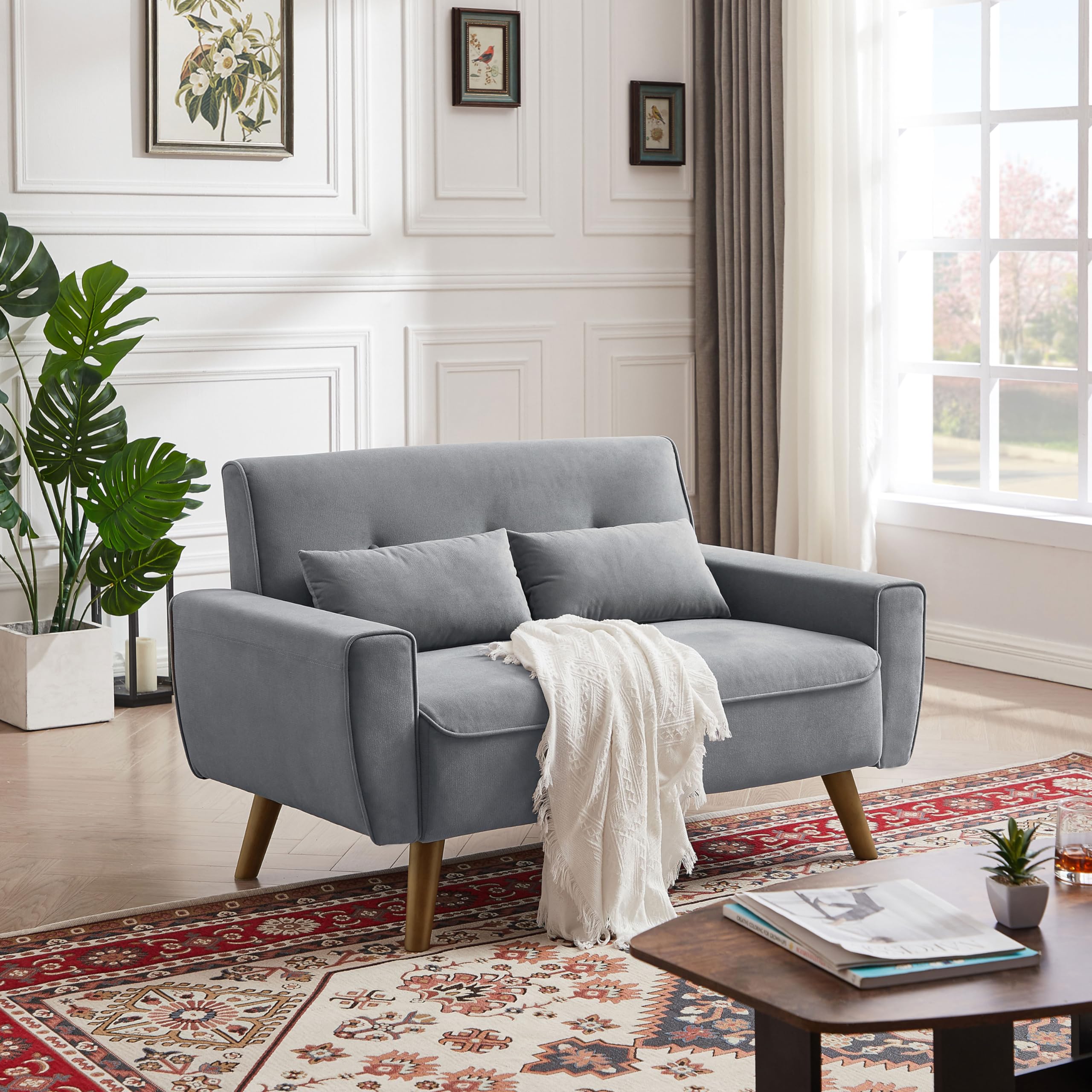 48" Small Loveseat Sofa, Mid Century Modern Linen Love Seat Couch