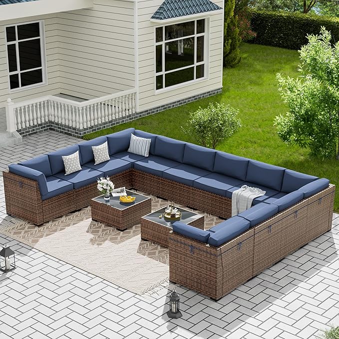 7 Pieces Patio Furniture Set, Outdoor Furniture Sectional Sofa Set with Slanted Back