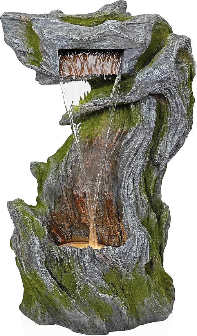 WIN1628 32" Outdoor Tree Bark Water Fountain with LED Lights