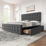 Full Size Bed Frame with 4 Storage Drawers and Adjustable Headboard, Upholstered